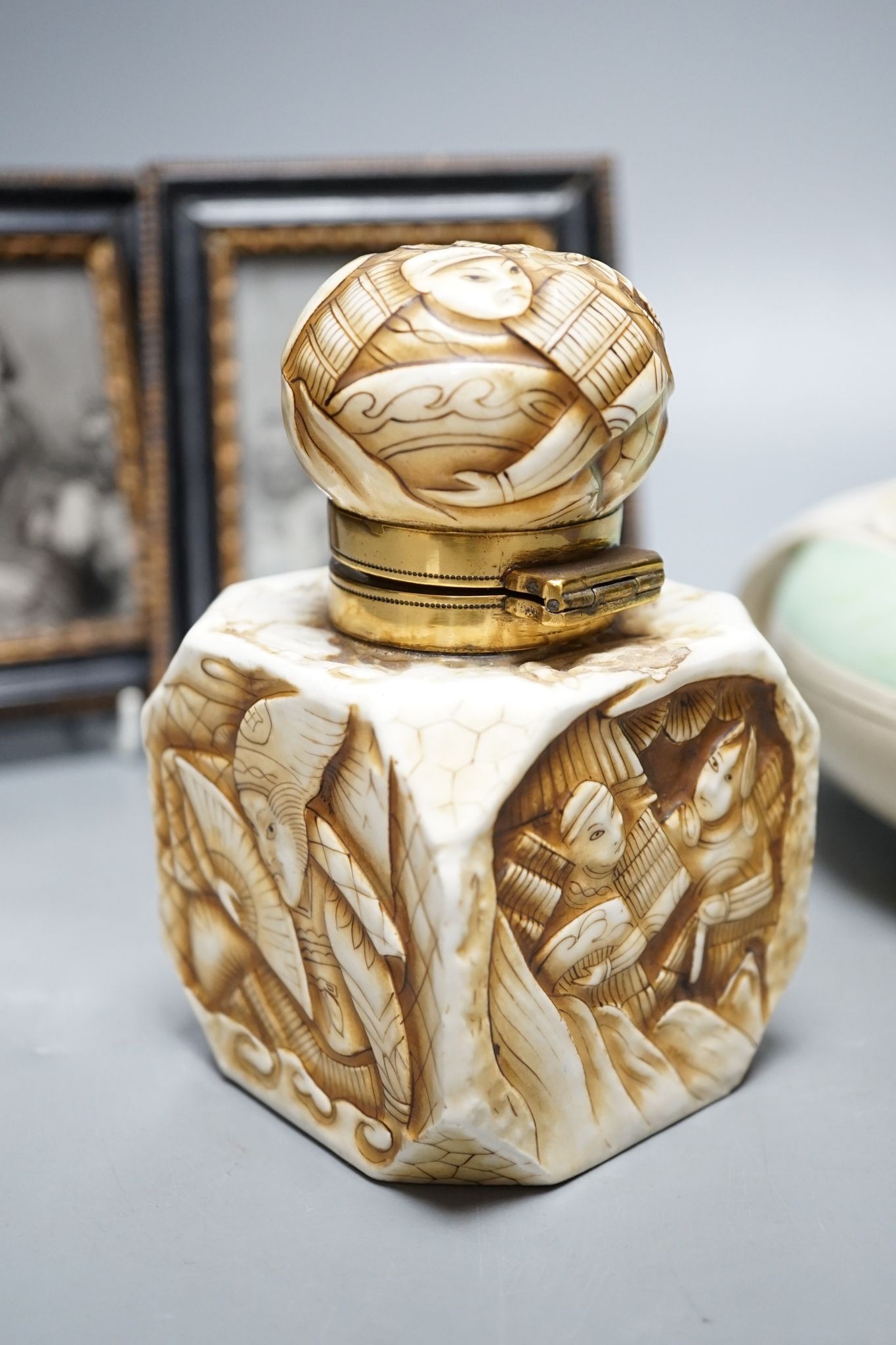 A German porcelain inkwell, Burleigh ware tureen and a pair of photos